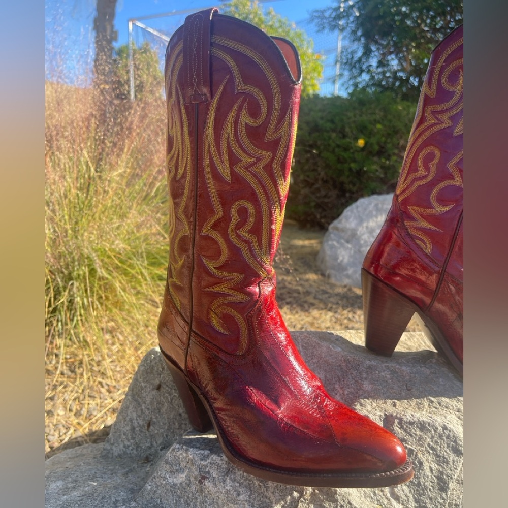 True Vtg Rare Burgundy Red Leather & Eelskin Cowgirl Cowboy Sasson Boots 70s 80s